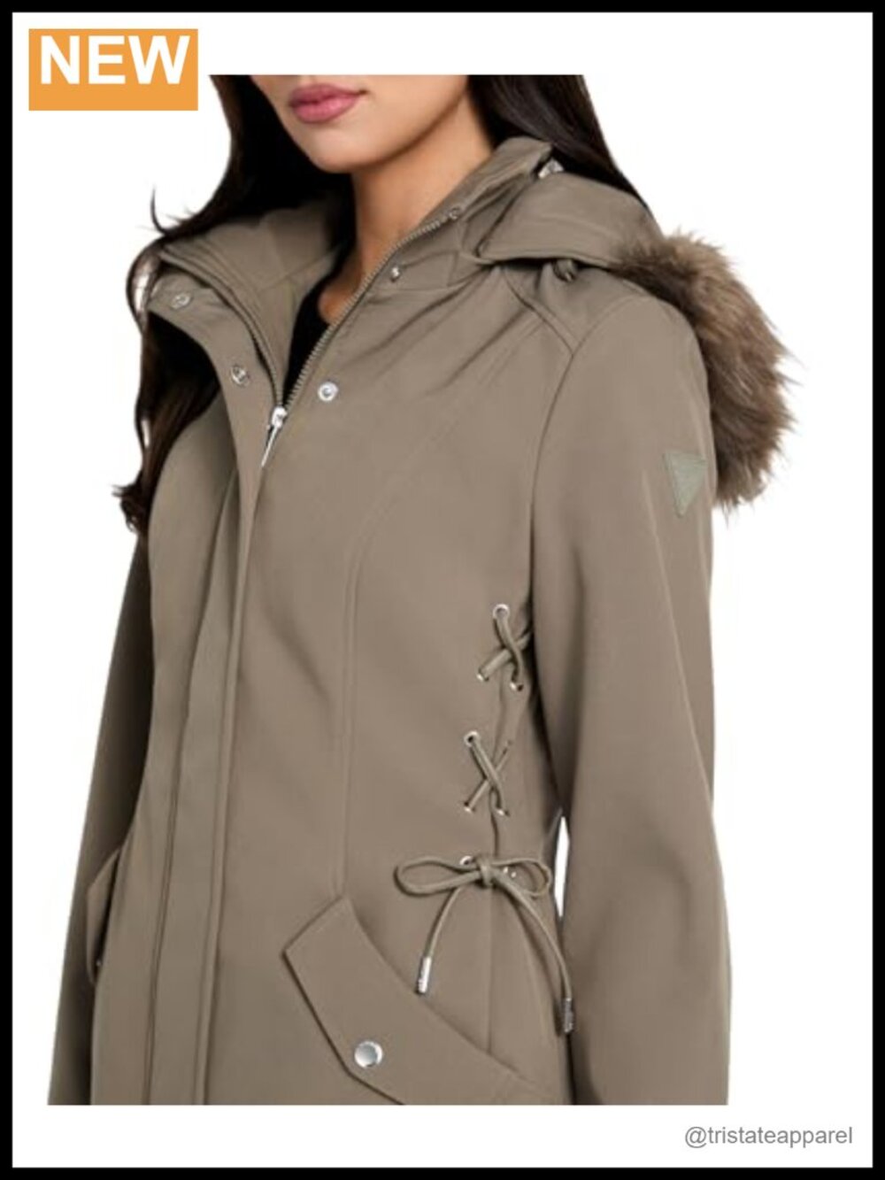 GUESS Women's Corinne Midlength Softshell Jacket Water Resistant Windproof Faux